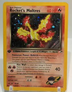 1st Edition Rocket's Moltres 12/132 Gym Heroes 2000 Holo Rare WOTC Pokemon SWIRL - Image 1