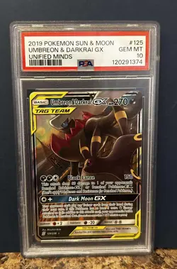 2019 Pokemon Sun & Moon Unified Minds Tag Team Umbreon Darkrai GX 125/236 PSA 10 - Image 1