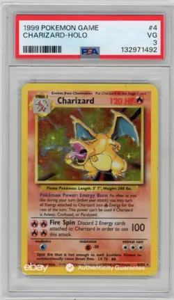 Pokemon TCG Charizard Base Set Holo Unlimited Rare Card 4/102 PSA VG 3 - Image 1