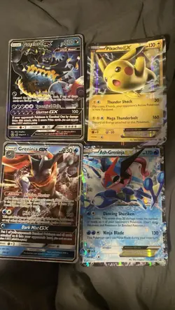 Pokemon TCG Holo 4-Card Lot Guzzlord GX Pikachu EX Greninja GX Ash-Greninja - Image 1