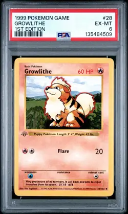 1999 POKEMON BASE SET 1ST EDITION #28 GROWLITHE PSA 6 - Image 1