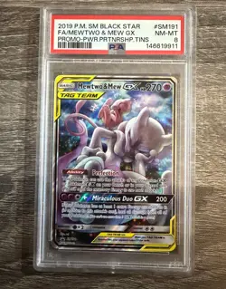 2019 POKEMON SM BLACK STAR PROMO #SM191 FULL ART/MEWTWO & MEW GX PSA 8 - Image 1