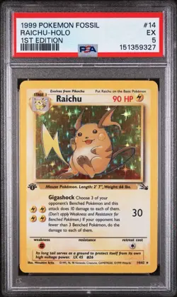 1999 POKEMON FOSSIL 1ST EDITION #14 RAICHU-HOLO PSA 5 - Image 1