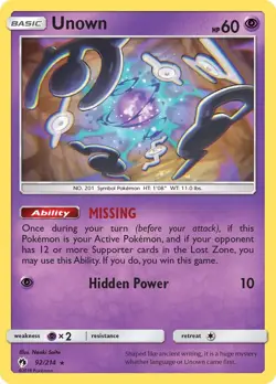 Unown 92/214 Rare SM - Lost Thunder Pokemon Card - Image 1
