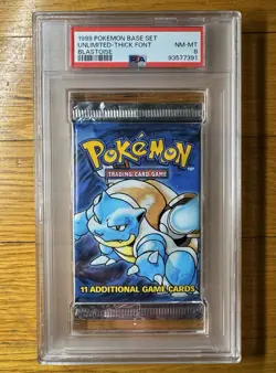 1999 POKEMON BASE SET UNLIMITED SEALED BLASTOISE BOOSTER PACK THICK FONT PSA 8 - Image 1