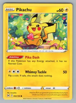 PIKACHU, 052/196 C LOST ORIGIN POKEMON NM LOR 2022 - Image 1