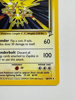 * Zapdos Holo 20/130 Base Set 2 Rare Pokemon Card Vintage WOTC LP/NM - Image 5