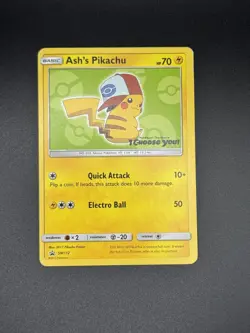 Ash’s Pikachu SM112 Ultra Rare Non Holo Exclusive Promo Pokemon Card - Image 1