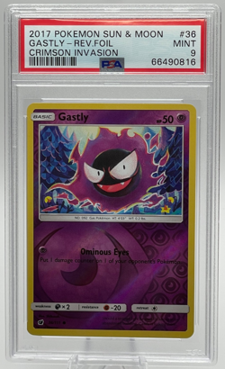 2017 POKEMON SUN & MOON CRIMSON INVASION #36 GASTLY REVERSE FOIL PSA 9 MINT - Image 1