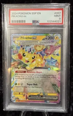 Pokemon Surging Sparks 2024 Pikachu ex 057/191 Holo Double Rare PSA 9 - Image 1