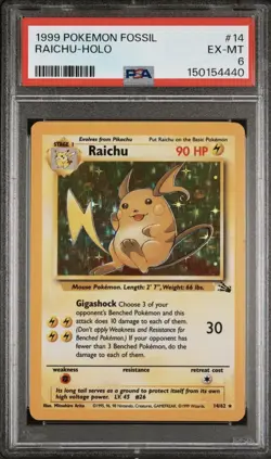 1999 Pokemon Fossil Raichu Holo #14 PSA 6 EX-MT – Vintage WOTC Holographic Card - Image 1
