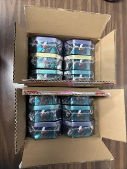 Pokemon TCG Lot of 12 Triple Whammy Collector Sealed Tin, Set in Factory Boxes. - Image 1