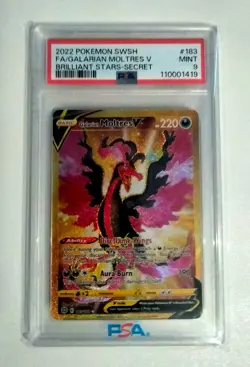 2022 Pokemon SW&SH Brilliant Stars Galarian Moltres V Secret Rare PSA 9 Mint 183 - Image 1