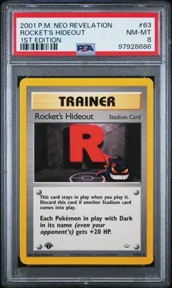 2001 POKEMON NEO REVELATION 1ST ED #63 ROCKET'S HIDEOUT PSA 8 - Image 1