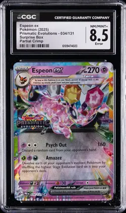 2025 POKEMON PRISMATIC EVOLUTIONS SURPRISE BOX #034/131 ESPEON EX CGC 8.5 - Image 1