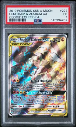 2019 POKEMON SUN & MOON COSMIC ECLIPSE #222 FULL ART/RESHIRAM & ZEKROM GX PSA 1 - Image 1