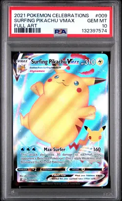 2021 POKEMON CELEBRATIONS #009 FULL ART/SURFING PIKACHU VMAX PSA 10 - Image 1