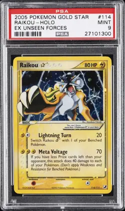 2005 POKEMON EX UNSEEN FORCES GOLD STAR #114 RAIKOU-HOLO PSA 9 - Image 1