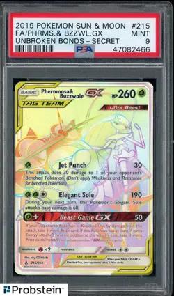 2019 Pokemon S & M Unbroken Bonds Secret #215 Pheromosa & Buzzwole PSA 9 MINT - Image 1