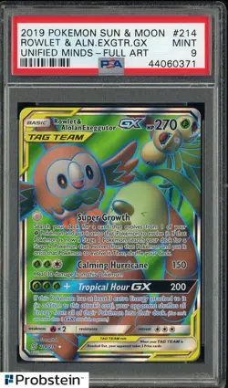 2019 Pokemon Unified Minds Ultra Rare #214 Rowlet & Alolan Exeggutor GX PSA 9 - Image 1