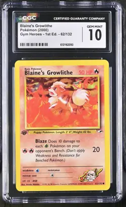 CGC 10 GEM MINT Blaine's Growlithe Gym Heroes 1st Edition 62/132 Pokemon Card - Image 1