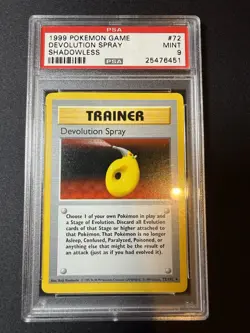 PSA 9 MINT Devolution Spray 1999 Base Set 72/102 Shadowless Graded Pokemon Card - Image 1