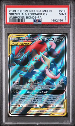 Pokemon Greninja & Zoroark GX 200/214 Full Art SM Unbroken Bonds PSA 9 MINT - Image 1