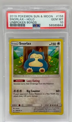 PSA 10 Snorlax Holo 158/214 Sun & Moon Unbroken Bonds Gem Mint Pokemon - Image 1
