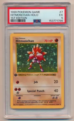 PSA 5 Pokemon Base Set 1st Edition Holo Rare Hitmonchan 7/102 EX Condition! - Image 1