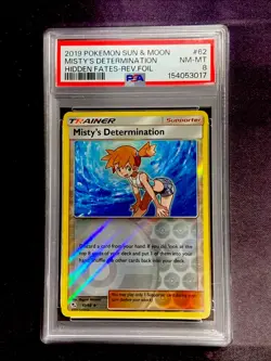 2019 POKEMON SUN & MOON HIDDEN FATES 62 MISTY'S DETERMINATION REVERSE HOLO PSA 8 - Image 1