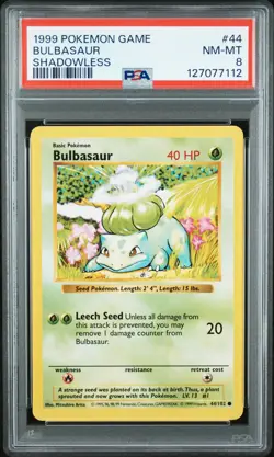 1999 POKEMON BASE SET SHADOWLESS #44 BULBASAUR PSA 8 - Image 1
