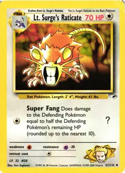 Pokemon TCG Lt. Surge's Raticate Gym Heroes Unlimited 51/132 DMG - Image 1
