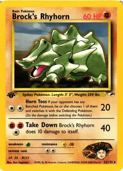 Pokemon TCG Brock's Rhyhorn 22/132 Gym Heroes 1st Edition Rare VLP - Image 1