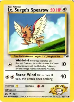 Pokemon TCG Lt Surges Spearow 83/132 Gym Heroes Unlimited DMG - Image 1