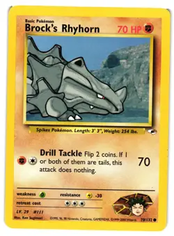 Pokemon TCG Brock's Rhyhorn Unlimited Common Gym Heroes 70/132 HP - Image 1