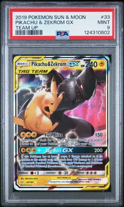 2019 POKEMON SUN & MOON TEAM UP #33 PIKACHU & ZEKROM GX PSA 9 - Image 1