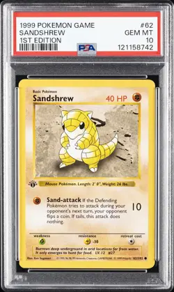 1999 POKEMON GAME 1ST EDITION #62 SANDSHREW PSA 10 - Image 1