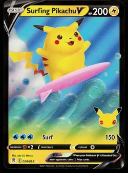 Surfing Pikachu V 008/025 Holo Celebrations Pokemon Card - Image 1