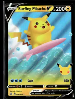 Surfing Pikachu V 008/025 Holo V Rare Celebrations Pokemon NM/M - Image 1