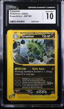 CGC 10 GEM MINT Tyranitar 66/165 Pokemon 2002 Expedition Base Set Pop 37 - Image 1