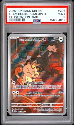 2025 POKEMON DRI EN-DESTINED RIVALS ILLUSTRATION RARE TEAM ROCKET'S MEOWTH PSA 9 - Image 1