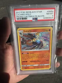 *SWIRL* 2017 POKEMON SM BLACK STAR PROMO #SM54 LUCARIO-HOLO PSA 8 🔥 - Image 2