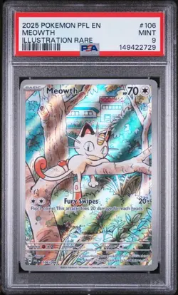 2025 POKEMON PHANTASMAL FLAMES #106/094 MEOWTH ILLUSTRATION RARE PSA 9 - Image 1