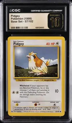 1999 POKEMON BASE SET #57 PIDGEY CGC 10 PRISTINE - Image 1