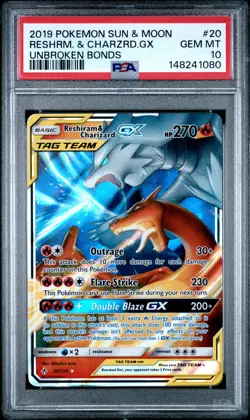 2019 POKEMON SUN & MOON UNBROKEN BONDS #20 RESHIRAM & CHARIZARD GX PSA 10 - Image 1