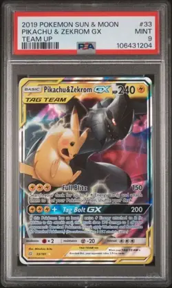 2019 POKEMON SUN & MOON TEAM UP #33 PIKACHU & ZEKROM GX PSA 9 - Image 1