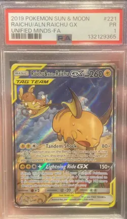 [PSA 1] Raichu & Alolan Raichu GX 221/236 Unified Minds Alternate Art POKEMON - Image 1