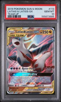 2019 POKEMON SUN & MOON TEAM UP #113 LATIAS & LATIOS GX TEAM UP PSA 10 (Q885 - Image 1