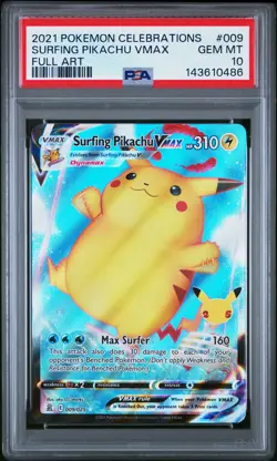 2021 POKEMON CELEBRATIONS #009 FULL ART/SURFING PIKACHU VMAX PSA 10 - Image 1