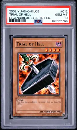 2002 YU-GI-OH! LOB-LEGEND OF BLUE EYES WHITE DRAGON #012 TRIAL OF HELL PSA 10 - Image 1